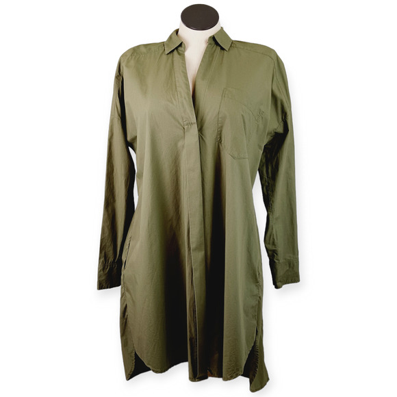 Free People SZ M Button Down High Low Shirt Dress in Army Green Hidden Buttons - Picture 2 of 8